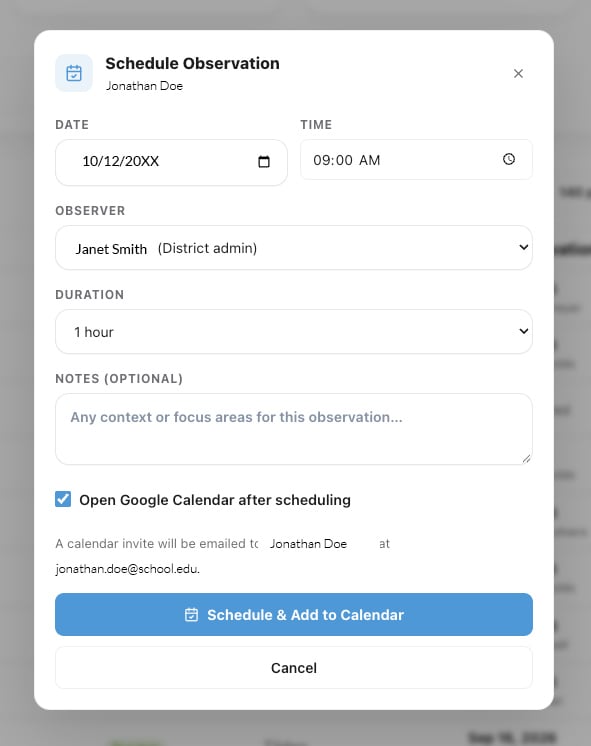 Schedule Teacher Observation Pop-up Form
