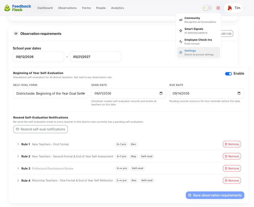 Teacher Observation Requirements with Settings Dropdown